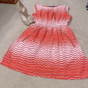 Very CUTE!! Like new! Coral and white dress with POCKETS!